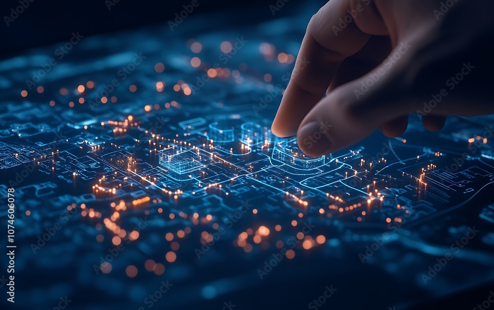 Poster A hand interacts with a glowing digital map, showcasing intricate data patterns and network nodes illuminated in blue and orange hues.
