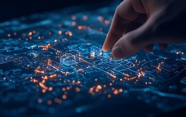 A hand interacts with a glowing digital map, showcasing intricate data patterns and network nodes illuminated in blue and orange hues.