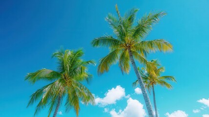 Tropical palm trees swaying under a vibrant sunset sky, creating a serene and picturesque beach atmosphere.