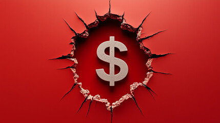 Cracked Red Wall Revealing Dollar Sign Symbol