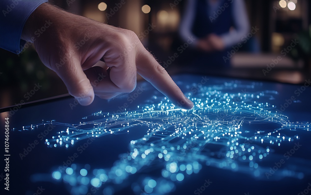 Aufkleber A person interacts with a digital map, highlighting data points in a futuristic setting illuminated by glowing blue lights.