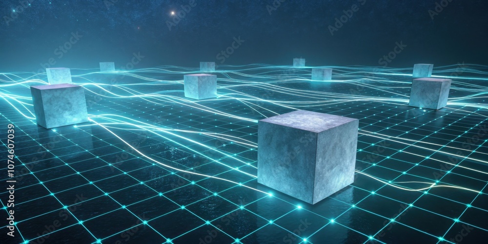 Poster surreal suspension floating cubes drift over a shimmering landscape of glowing lines each casting a 