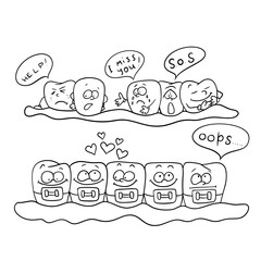 Vector illustration teeth with braces before and after happy joke hand drawn doodle style.