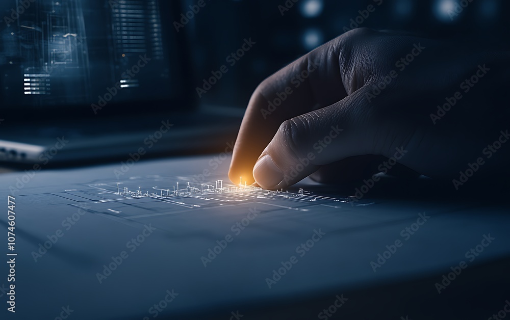 Aufkleber A hand interacts with glowing particles on a surface, suggesting innovation, technology, and digital interaction in a dark environment.