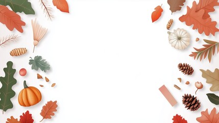Fototapeta premium Autumn-themed arrangement of leaves, pumpkins, and natural elements on a white background for seasonal decoration