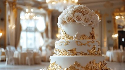 Elegant multi-tiered wedding cake adorned with white roses and gold accents in a luxurious ballroom setting