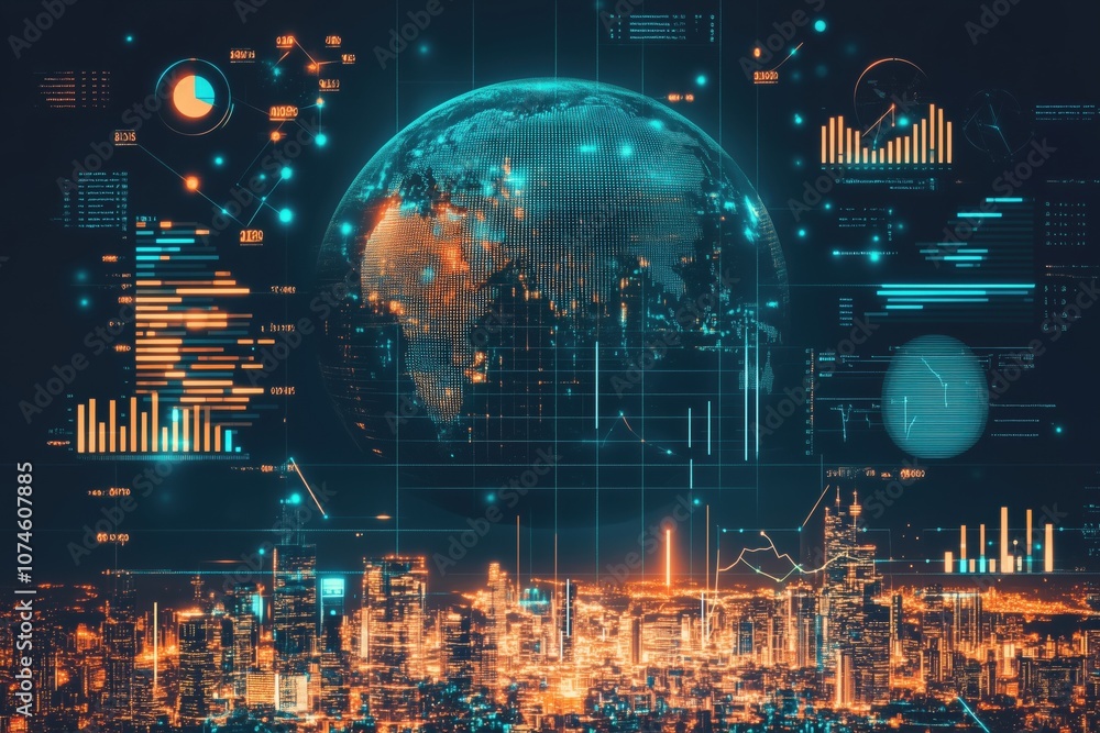 Poster digital globe with data visualization over cityscape, showcasing analytics and metrics