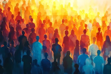 An illustration of a diverse group of people, highlighting the organic nature of human connection, set against a gradient background blending warm oranges into cool blue.