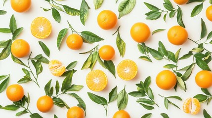 Fresh citrus burst with oranges and green leaves on light background