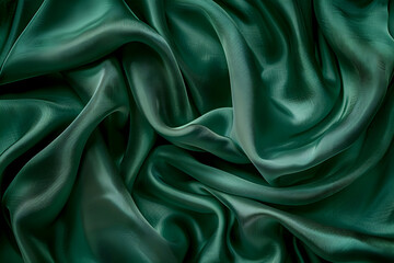 Fototapeta premium close up view of emerald soft and wavy silk fabric, panoramic shot