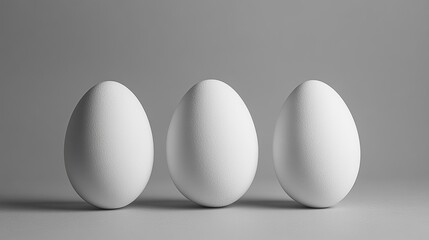 Minimalist composition of three white eggs in symmetrical alignment Background, wall, space for text