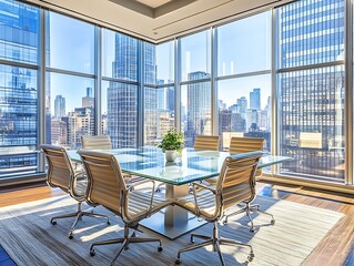 Obraz premium Abstract circuit board overlay on a modern office design with large glass windows and views of a city skyline