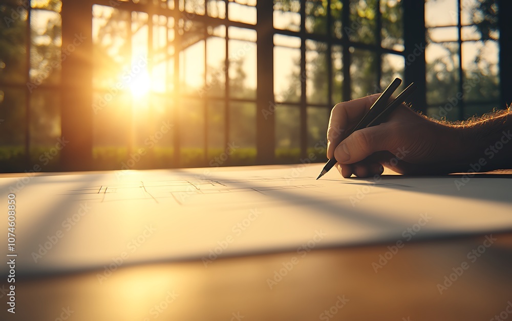 Poster A hand is writing on paper as the sun sets, casting warm light through large windows, creating a serene and inspiring atmosphere.