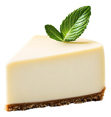 A slice of classic cheesecake with a graham cracker crust and a fresh mint leaf on top.