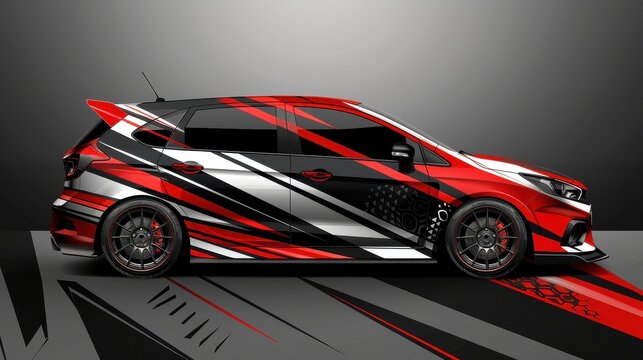 Red and black wrapped car with gray background