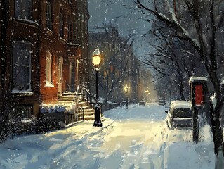 Snow-Covered City Street with Streetlights and Cars at Night