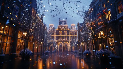 Fototapeta premium Snow-covered street in a European city at night with festive lights and buildings