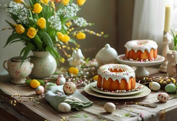 Decorated easter table with pastries and flowers