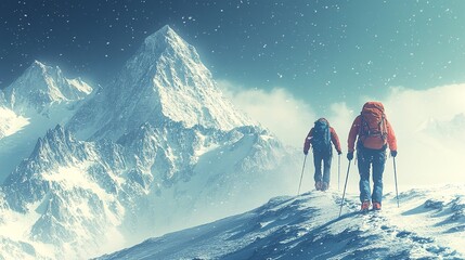 Two climbers trekking up a snow-covered mountain.