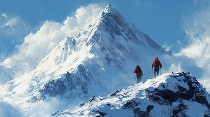 Two climbers trekking up a snow-covered mountain.