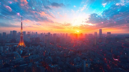 Tokyo skyline under a bright blue sky, with colorful digital light streaks across the cityscape symbolizing data flow and connectivity.