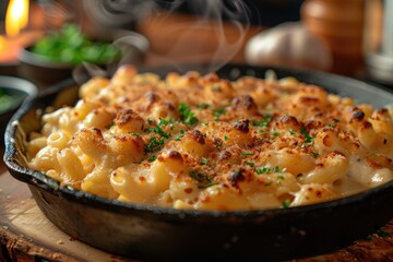 A Close-Up of Steaming Macaroni and Cheese in a Black Cast Iron Skillet