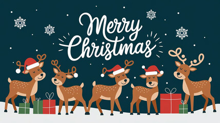 The inscription Merry Christmas surrounded by reindeer, gifts, snowflakes and other