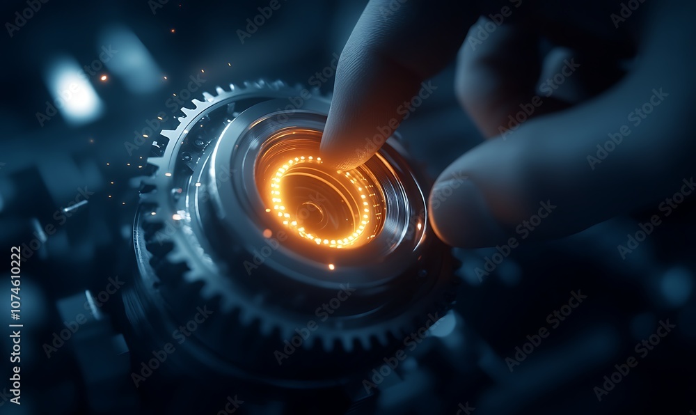 Aufkleber A hand interacts with a glowing gear mechanism, showcasing a blend of technology and elegance in a dimly lit environment.