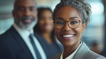 Gros plan d'une femme souriante en milieu de travail, inspirant la confiance et le leadership, accompagnée de collègues flous en arrière-plan