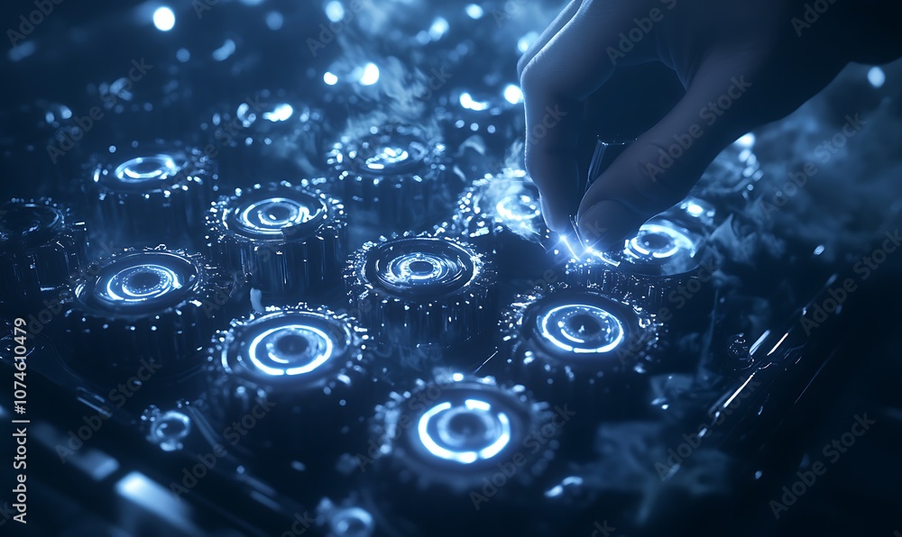 Fototapete a close-up image of a hand interacting with luminous circular patterns, suggesting a futuristic or t