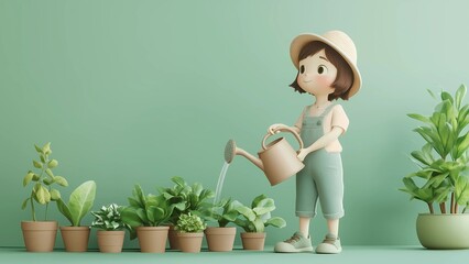 Charming 3D illustration of a young girl in a sun hat and overalls watering potted plants, symbolizing growth, care, and a love for nature. Ideal for eco-friendly themes.