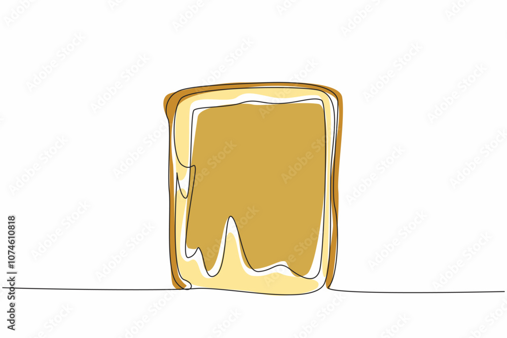Poster single continuous line drawing a slice of bread spread with peanut butter. baked is more delicious. 