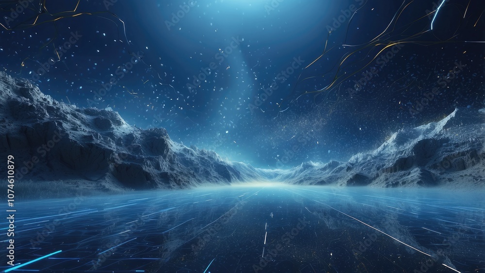 Poster a futuristic flight across an abstract background with blue dust particles and a digital line landsc