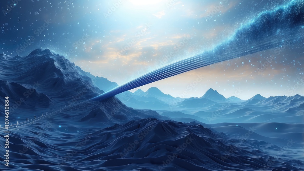 Poster a futuristic flight across an abstract background with blue dust particles and a digital line landsc