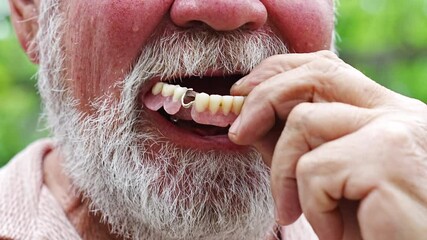 An elderly man takes a false jaw out of his mouth. 