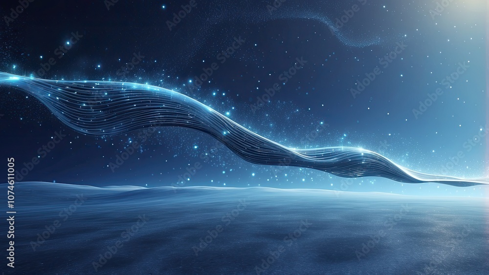 Poster a futuristic flight across an abstract background with blue dust particles and a digital line landsc