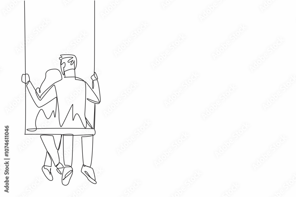 Poster continuous one line drawing a married couple hugging each other's backs on a swing. giving each othe