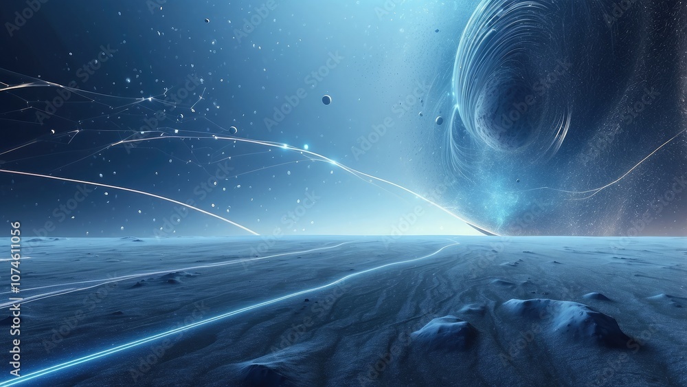 Poster a futuristic flight across an abstract background with blue dust particles and a digital line landsc