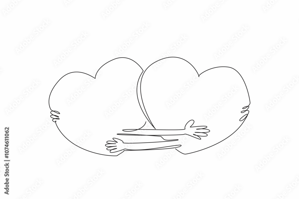 Poster single continuous line drawing two hearts embrace each other. interlinked. trust each other. give ea
