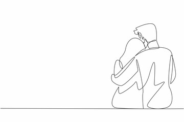 Single continuous line drawing husband hugs his wife who is sitting. Providing comfort to beloved women. Hugging to soothe. Giving warmth. Love. National Hug Day. One line design vector illustration