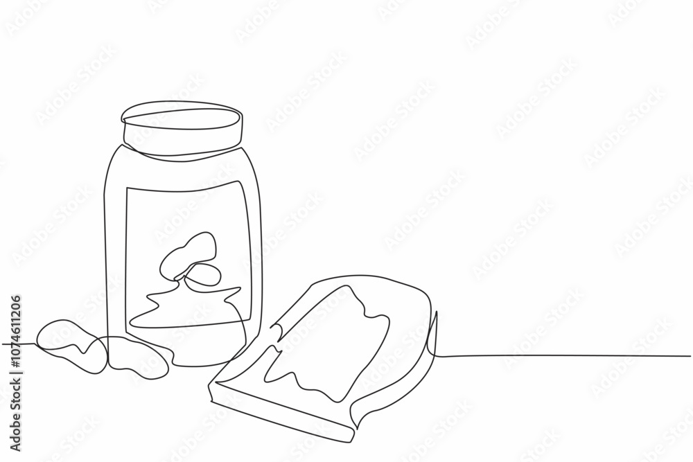 Poster single continuous line drawing jar of peanut butter and bread smeared with it. scattered nut. combin