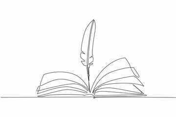 Single one line drawing quill in the middle of open book. Classical era writing instruments. Recording knowledge. Vintage. International Day of Education. Continuous line design graphic illustration