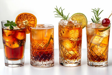 set with different cocktails on white background