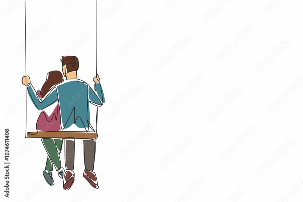 Poster continuous one line drawing a married couple hugging each other's backs on a swing. giving each othe