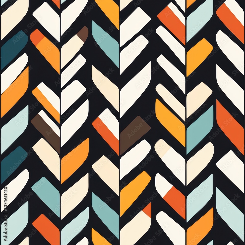 Poster a vibrant, repeating pattern of chevron shapes in various colors, set against a dark background, cre