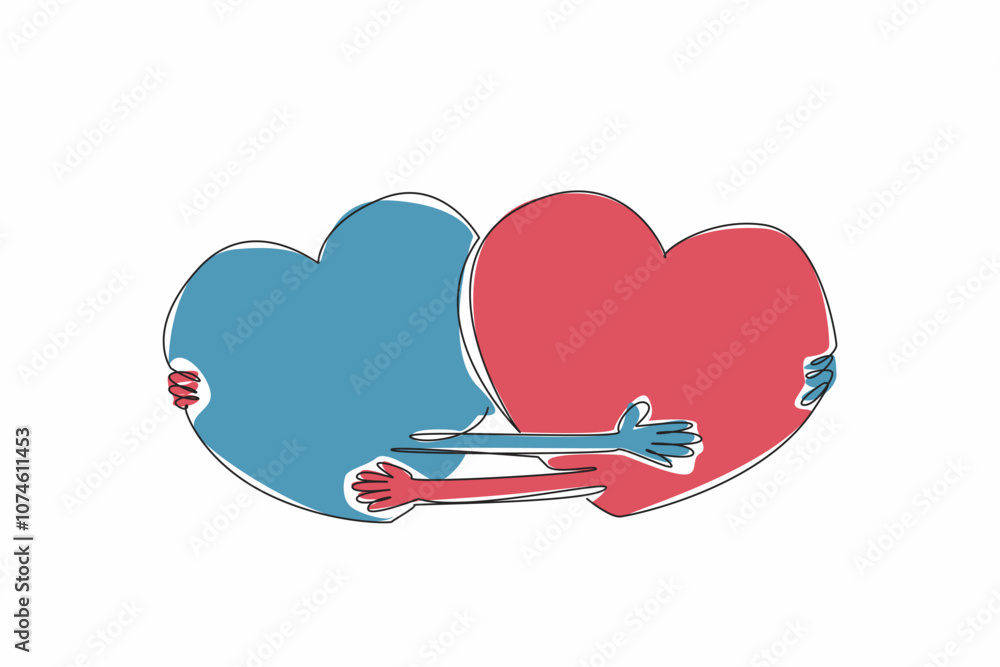 Poster single continuous line drawing two hearts embrace each other. interlinked. trust each other. give ea