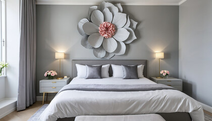 modern bedroom with grey wall double bed and giant flower decor on the wall