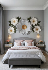 modern bedroom with grey wall double bed and giant flower decor on the wall
