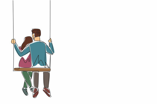 Continuous one line drawing a married couple hugging each other's backs on a swing. Giving each other warmth. Talking about future plans. National Hug Day. Single line draw design vector illustration