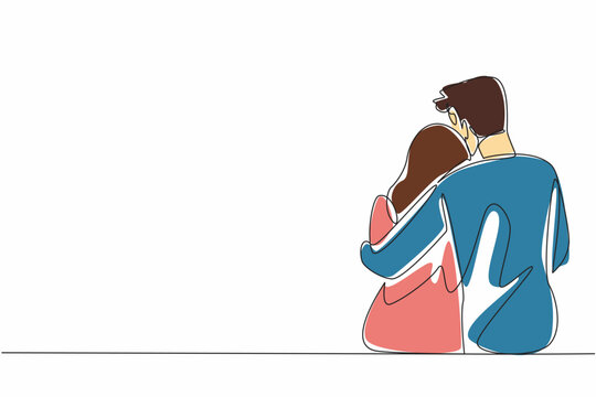 Single continuous line drawing husband hugs his wife who is sitting. Providing comfort to beloved women. Hugging to soothe. Giving warmth. Love. National Hug Day. One line design vector illustration - Powered by Adobe